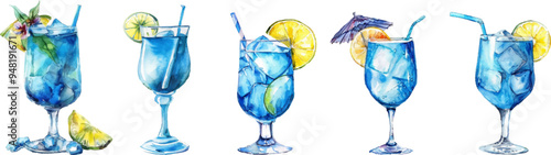 Set of cocktail glasses blue lagoon png. Watercolor glass glasses with blue lagoon, pieces of lemon and ice. Cocktails png. Vector illustration
