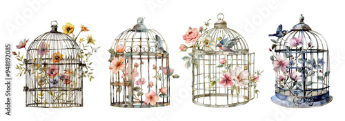 Set of watercolor bird cages with flowers png. A birdcage is filled with flowers and a flying bird nearby. Floral pastel watercolor style wedding vector illustration.