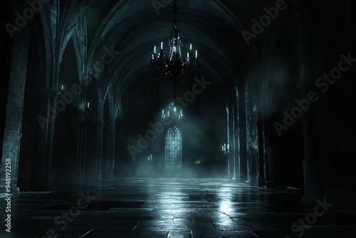 Dark Gothic Hallway with Chandelier and Fog