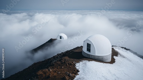 The picture captures two dome-shaped structures perched on a snow-covered mountain, surrounded by a sea of clouds, creating a surreal and isolated scene. photo