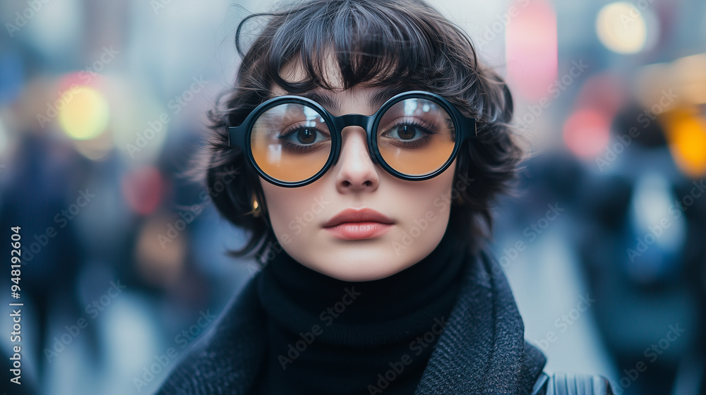 A candid street-style photograph of an individual wearing eyeglasses made from vintage vinyl records, with the circular lenses and black frames giving a retro vibe. The background is a busy urban A candid street-style photograph of an individual wearing eyeglasses made from vintage vinyl records, with the circular lenses and black frames giving a retro vibe. The background is a busy urban