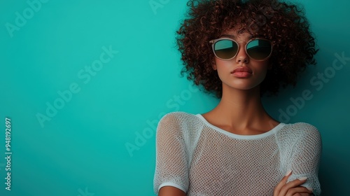 An elegant woman wearing sunglasses stands against a teal background, exuding confidence and poise, representing contemporary fashion trends with her stylish attire and demeanor. photo