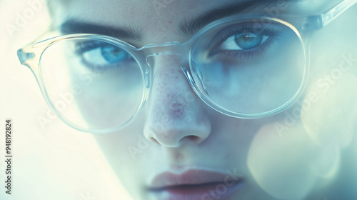 A fashion-focused image featuring eyeglasses made from translucent glass, with the frames appearing almost invisible against the wearer s face. The background is a soft, diffused light that enhances photo