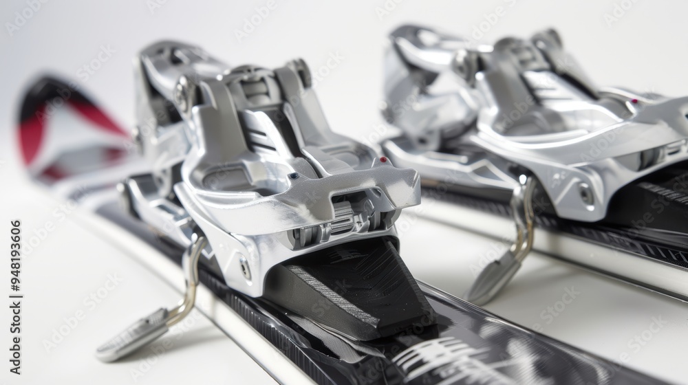 New safety ski bindings mounted on skis for winter sports New safety ski bindings mounted on skis for winter sports