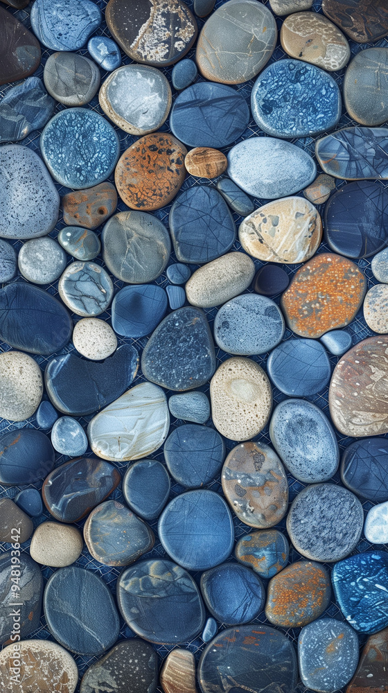 Varied river stones in calming blue tones, arranged in a natural pattern to evoke a sense of serenity and balance. Varied river stones in calming blue tones, arranged in a natural pattern to evoke a sense of serenity and balance.