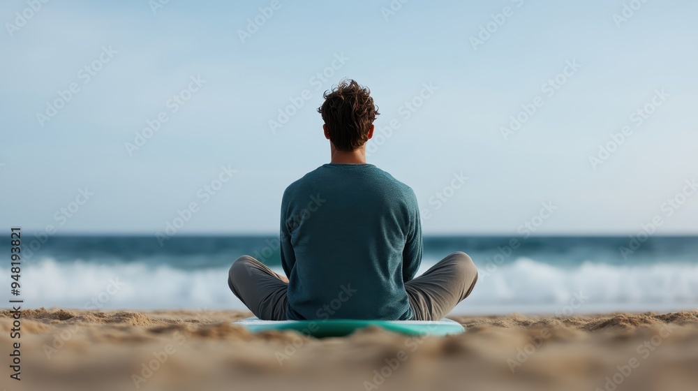 A man is seated cross-legged on a surfboard on the beach, gazing into the distance at the ocean, presenting a scene of tranquility and calm focus. A man is seated cross-legged on a surfboard on the beach, gazing into the distance at the ocean, presenting a scene of tranquility and calm focus.