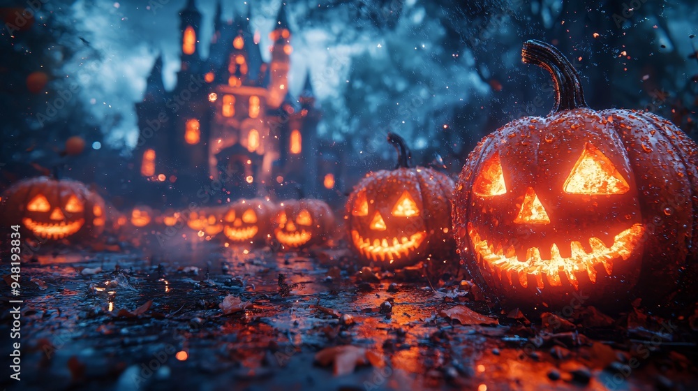 A captivating Halloween scene featuring glowing pumpkins in the foreground and a haunted castle backdrop, perfect for themed events, with copy space. A captivating Halloween scene featuring glowing pumpkins in the foreground and a haunted castle backdrop, perfect for themed events, with copy space.
