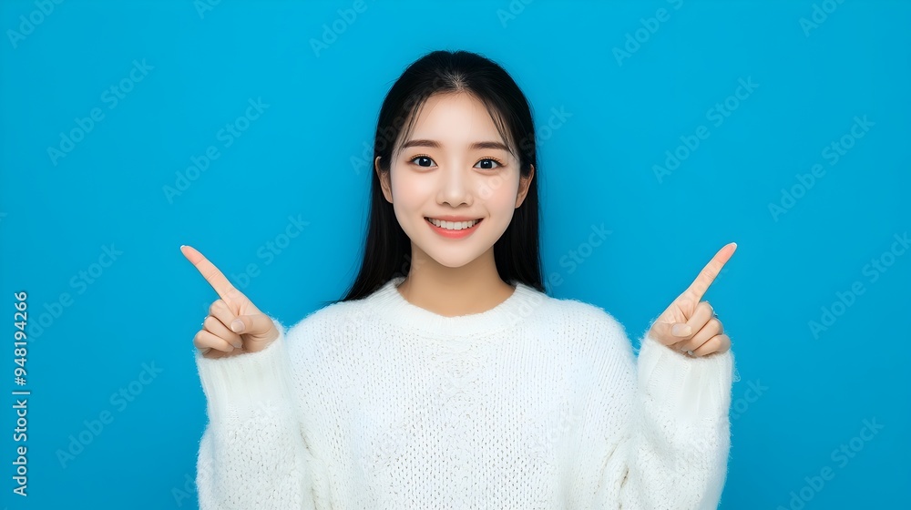 Excited Young Asian Woman Pointing Fingers at on Blue Background Excited Young Asian Woman Pointing Fingers at on Blue Background