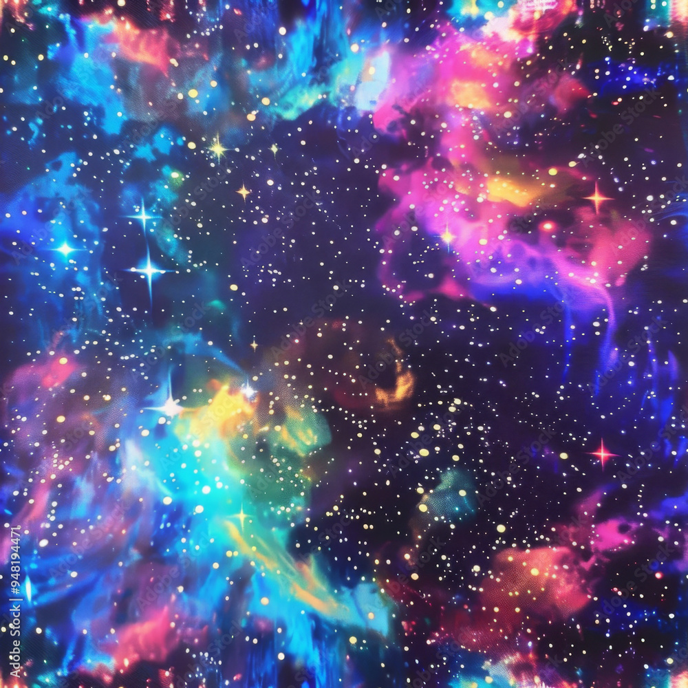 Abstract space scene featuring bright stars and colorful nebulae in a vibrant iridescent galaxy. Abstract space scene featuring bright stars and colorful nebulae in a vibrant iridescent galaxy.