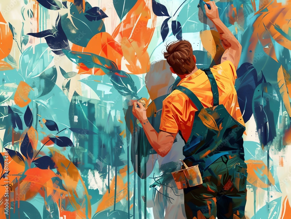 Fototapeta premium Painting, painting a mural, flat design illustration