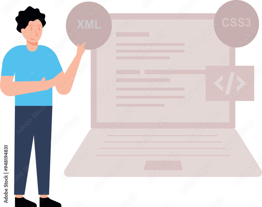 Boy watching coding programming of XML and CSS. Boy watching coding programming of XML and CSS.
