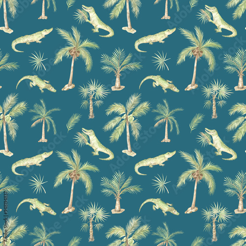 Tropical pattern with palm trees and crocodiles on a turquoise background, watercolor illustration, seamless design