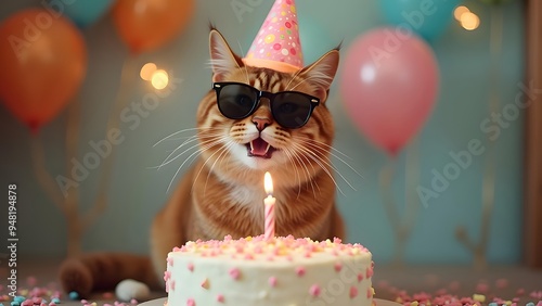 Portrait of a cat. Cat celebrating brthday. Birthday cat wearing sunglasses. Cat sitting in front of birthday cake photo