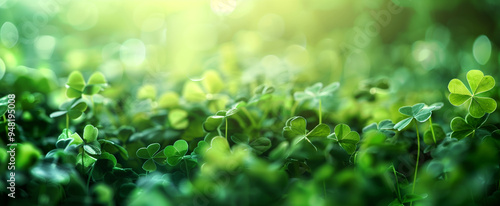 Lucky Irish Four Leaf Clover Shamrock plant in the Field for St. Patricks Day background banner