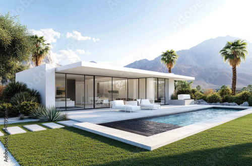 A modern white home in Palm Springs with a pool and patio, featuring concrete and glass in a mid-century modern style photo