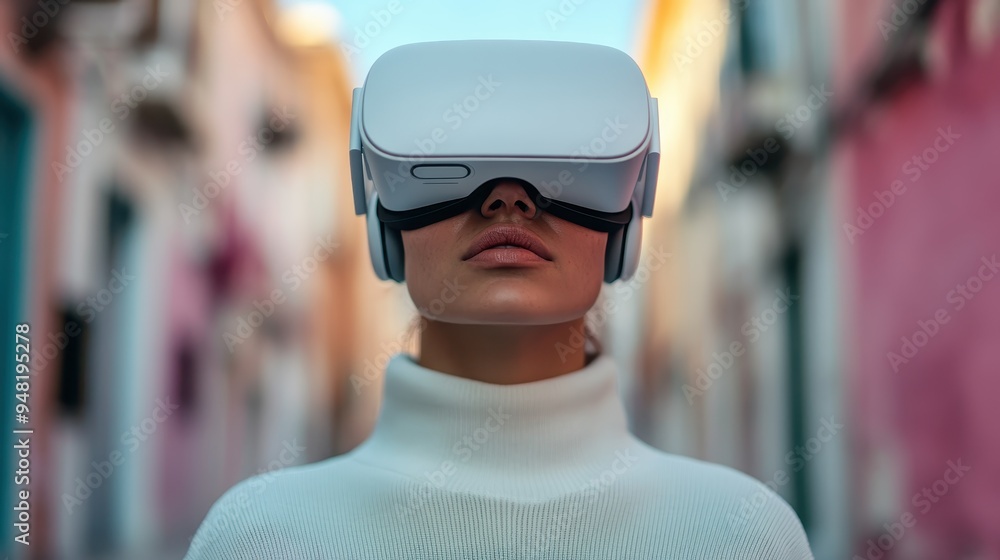 A person is wearing a white virtual reality headset while standing in an outdoor urban environment, blending the lines between virtual and real-world experiences in a modern setting. A person is wearing a white virtual reality headset while standing in an outdoor urban environment, blending the lines between virtual and real-world experiences in a modern setting.