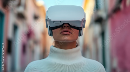 A person is wearing a white virtual reality headset while standing in an outdoor urban environment, blending the lines between virtual and real-world experiences in a modern setting.