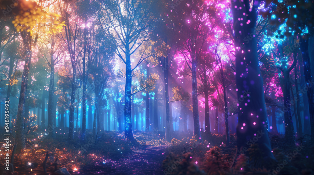 A fantastical forest with glowing iridescent trees and soft, colorful lights, creating a magical, dreamlike atmosphere under the shimmering twilight.