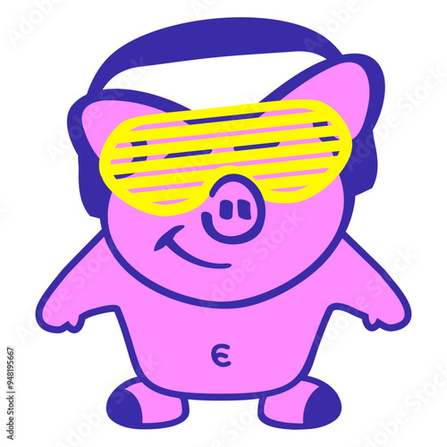 Funny Pink Pig Farm Animal Boar Standing Headphone Stripes Lines Sunglasses Music Listen Loud Bass Sound DJ Party Night Clubber Raver Disco Club Band Concert Techno Discothek Cool Love Humor Funny Fun