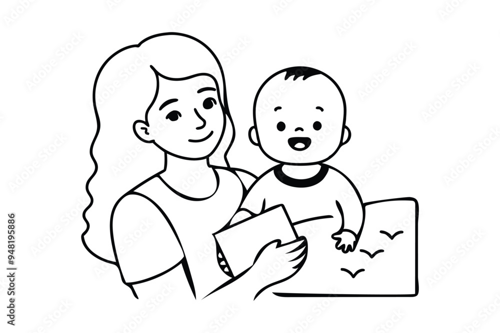 illustration of mother holding baby Line Art illustration of mother holding baby Line Art