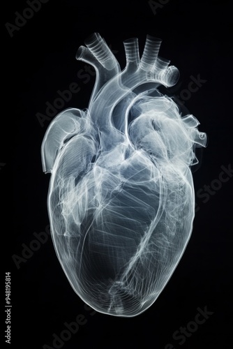 X-ray image of human heart with smoke effects on black background