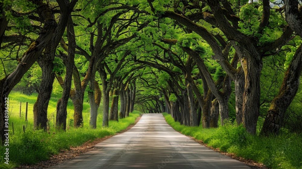 scenic country road lined with tall oak trees, their branches forming a natural archway overhead. scenic country road lined with tall oak trees, their branches forming a natural archway overhead.