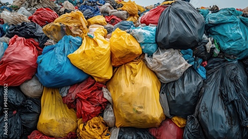 Close-up of Colorful Garbage Bags in Landfill. Close-up view of various colored garbage bags, tightly packed together, forming a mound at a landfill site. photo