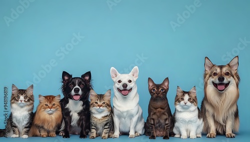 Adorable Dogs and Cats Posing Together on Blue Background, Creating a Picture of Happiness and Friendship