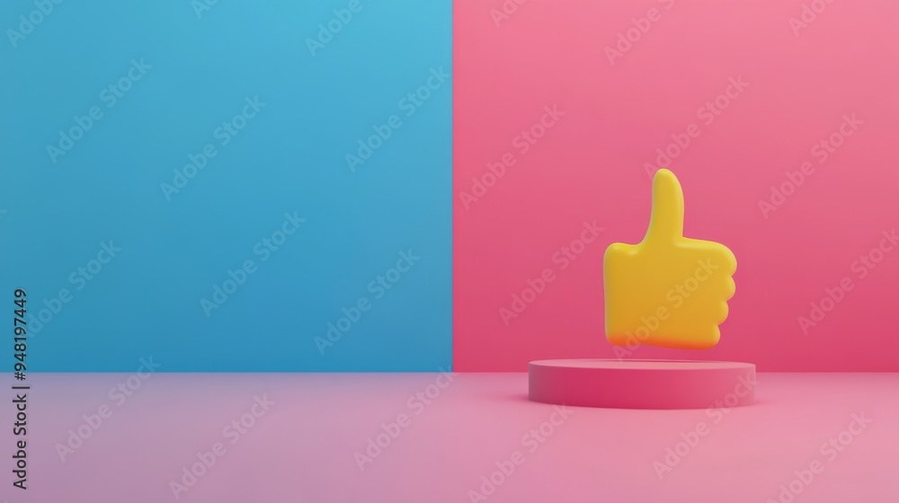 Glossy thumbs up, like symbol, on a blue background, symbolizing approval Glossy thumbs up, like symbol, on a blue background, symbolizing approval