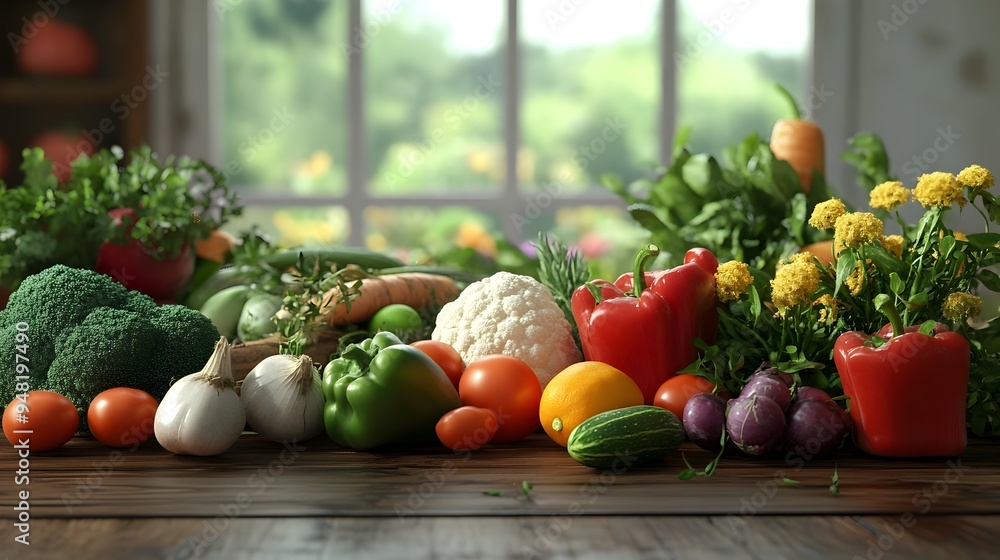 Assorted Fresh Organic Vegetables on Rustic Wooden Table Vibrant 3D Assorted Fresh Organic Vegetables on Rustic Wooden Table Vibrant 3D