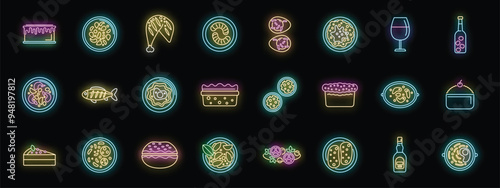 Bright neon icons representing various types of food and drinks glowing on a black background