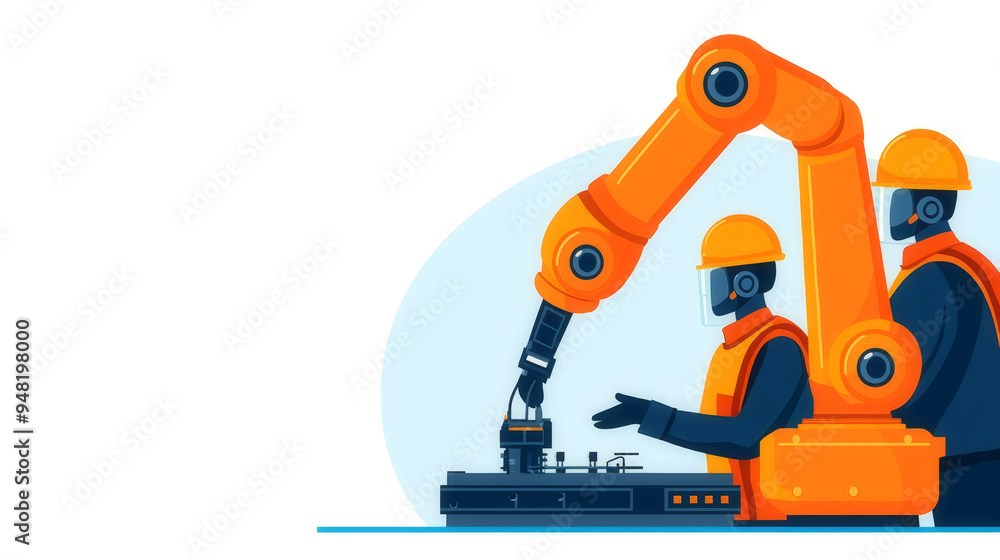 Industrial robotics, technicians with safety gear, flat design illustration Industrial robotics, technicians with safety gear, flat design illustration