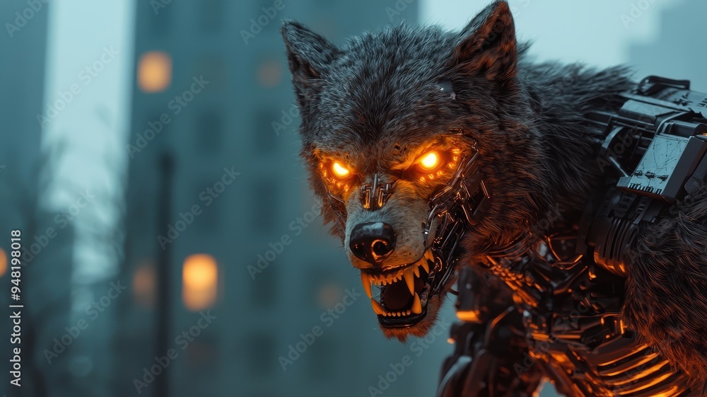 A fierce robotic wolf with glowing eyes, poised against a city backdrop, embodying technology and wildness in a futuristic setting. A fierce robotic wolf with glowing eyes, poised against a city backdrop, embodying technology and wildness in a futuristic setting.
