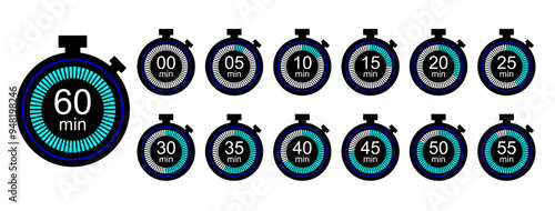 stopwatch or timer icon (eps) set for cooking, deadline, sport, countdown, kitchen, urgency, start, measure, progress, shipping, app, web, software etc use. timer digit or numbers set.