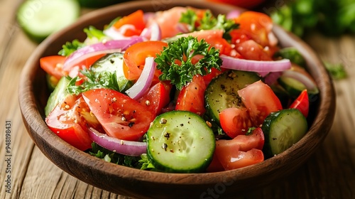 A colorful salad with tomatoes, cucumbers, and red onions on a wooden table.