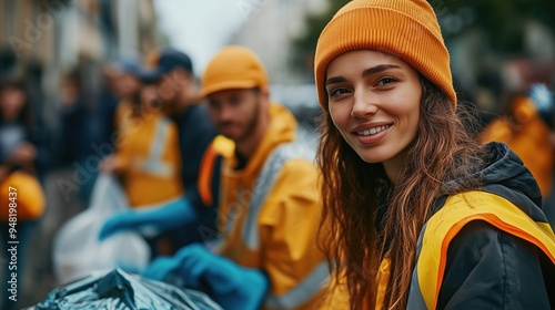 Young Woman Volunteering in Community Cleanup. Smiling young woman wearing a beanie participates in a community cleanup event, showing dedication to environmental care and waste reduction.