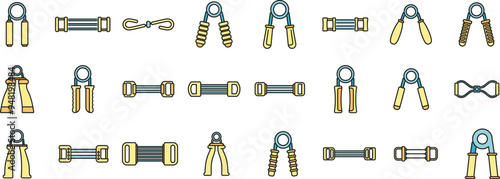 Different types of hand grippers and expanders isolated on white background, providing different levels of resistance for effective hand, wrist and forearm training