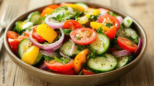 A colorful salad with tomatoes, cucumbers, and red onions on a wooden table.