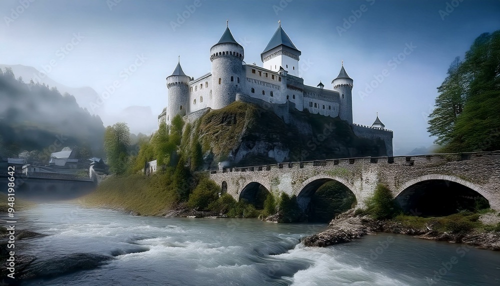 Castillo medieval a los pies de un rio bravo, y un puente medieval cruzando el río Castillo medieval a los pies de un rio bravo, y un puente medieval cruzando el río