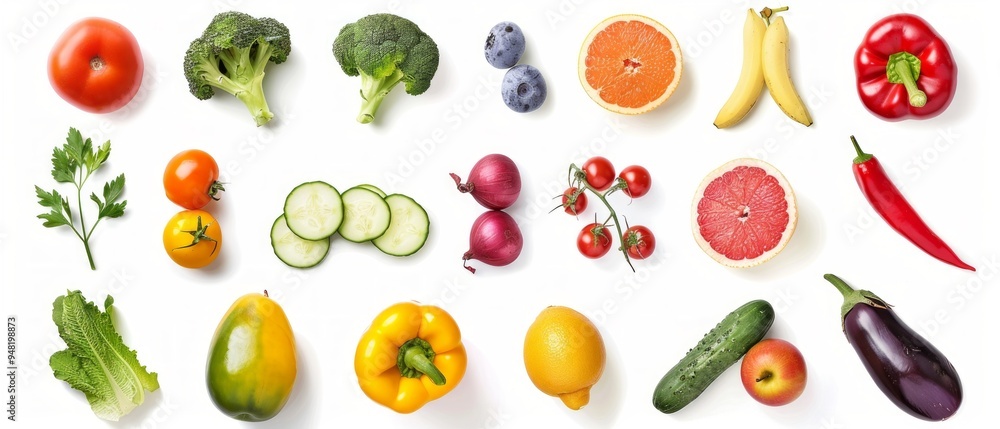 Assortment of 13 fruits and vegetables on a white background, neatly arranged by color: tomato, bell pepper, onion, fruit, cucumber, carrot, chili pepper, blueberry, grapefruit, apple, pepper. Assortment of 13 fruits and vegetables on a white background, neatly arranged by color: tomato, bell pepper, onion, fruit, cucumber, carrot, chili pepper, blueberry, grapefruit, apple, pepper.