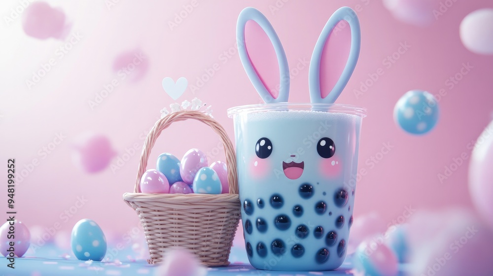 A cute cartoon bubble tea with bunny ears, holding a basket of boba pearls as Easter eggs. A cute cartoon bubble tea with bunny ears, holding a basket of boba pearls as Easter eggs.