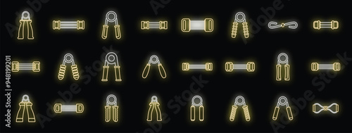 Neon icons of different hand grippers showing variety of equipment for training your forearm muscles