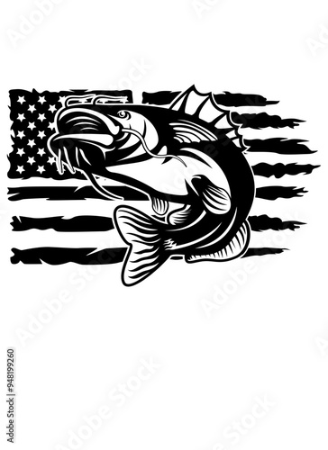 US Catfish | Marine Animal | River Fish | Aquatic Animal | Angler Dad | Fresh Water Fish | US Flag | Wildlife | Original Illustration | Vector and Clipart | Cutfile and Stencil