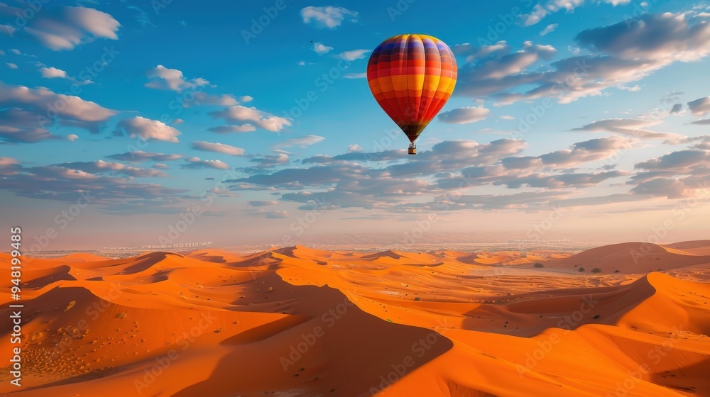 Dubai desert on a thrilling hot air balloon ride, offering panoramic views of the vast landscape Dubai desert on a thrilling hot air balloon ride, offering panoramic views of the vast landscape