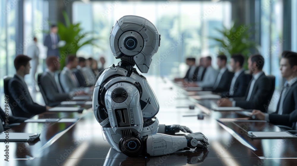 In an office meeting, a robot sits at the head of the table, blending technology with tradition. The room features natural elements and active discussion, showing a modern business environment. In an office meeting, a robot sits at the head of the table, blending technology with tradition. The room features natural elements and active discussion, showing a modern business environment.