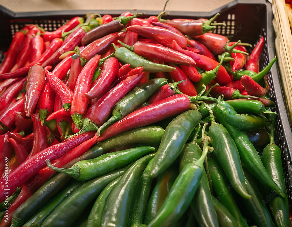mixed red and green chili peppers in plastic supermarket case mixed red and green chili peppers in plastic supermarket case