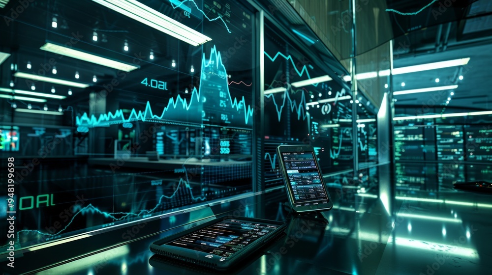 A futuristic tech-themed image showing financial data on phones and computers in a dark room. Reflective surfaces and neon lights add to the modern setting. A futuristic tech-themed image showing financial data on phones and computers in a dark room. Reflective surfaces and neon lights add to the modern setting.