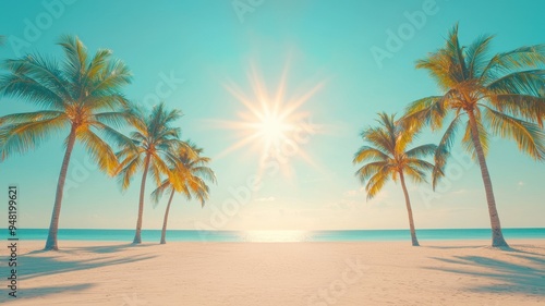 A serene beach scene with palm trees and a bright sun in a clear blue sky, perfect for relaxation and escape.