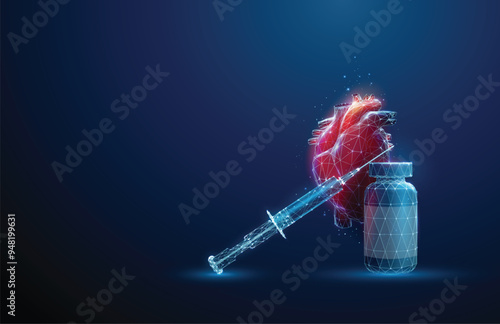 Bottle and syringe in front of red futuristic human heart. Heart diseases, medical treatment and pharmacy concept. Low poly hologram style.