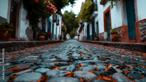 Narrow Alley Way With White Walls And Cobbleston photo